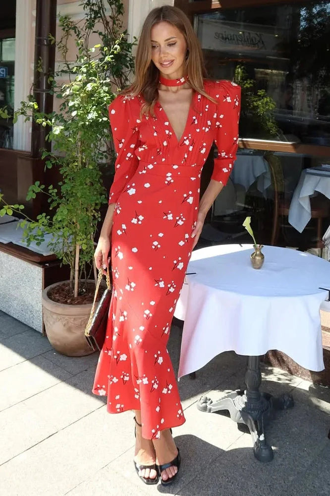 Printed V-Neck High Waist Slim Lace-Up Maxi Dress