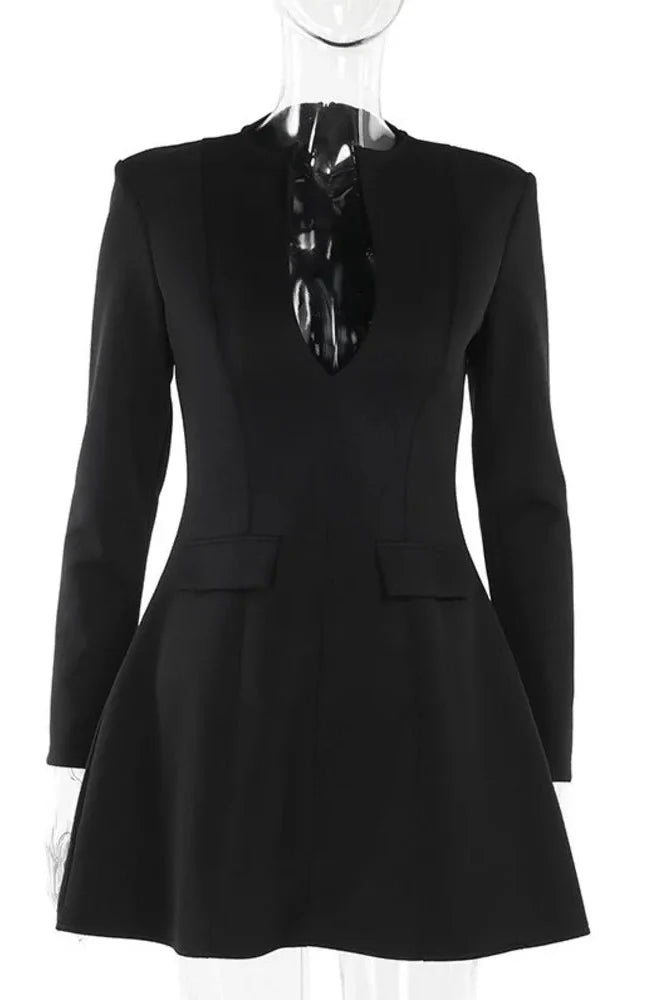 Long Sleeve Deep V Neck A-line Mini Dress