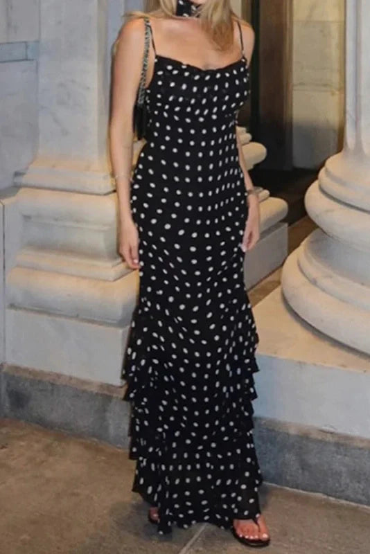 Elegant Polka Dot Scarf Fit Backless Sleeveless Maxi Dress