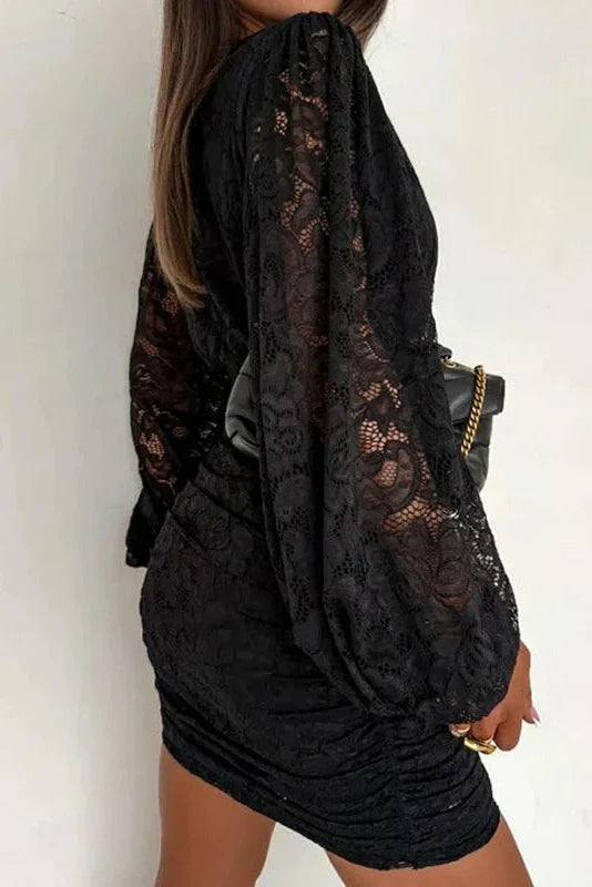 Elegant Slim High Waist Pleated Lace V-Neck Long Sleeve Mini Dress