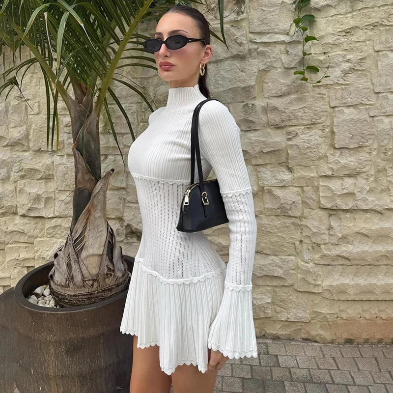 Hollow Knitted Long Sleeve Slim Mini Dress