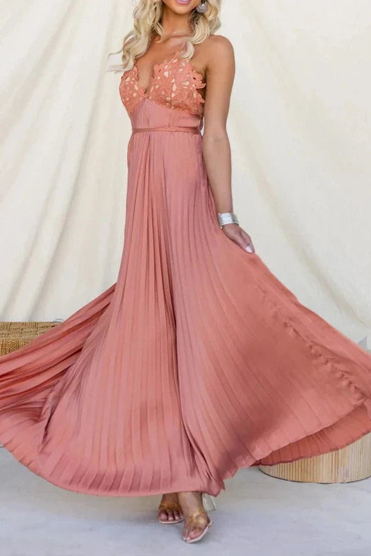 Backless Pleated Lace Sleeveless High Waist Maxi Dress