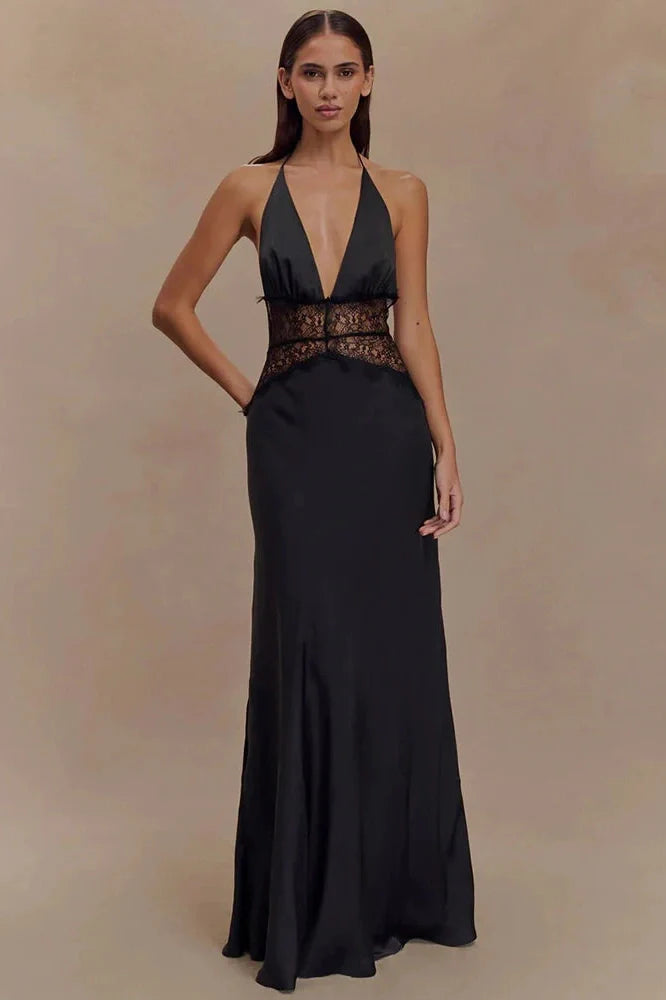 Backless Patchwork Lace Deep V Neck Sleeveless High Waist Maxi Dress