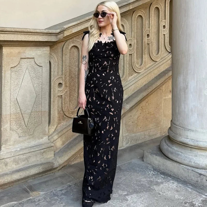 Patchwork Lace-Up Backless Maxi Dress