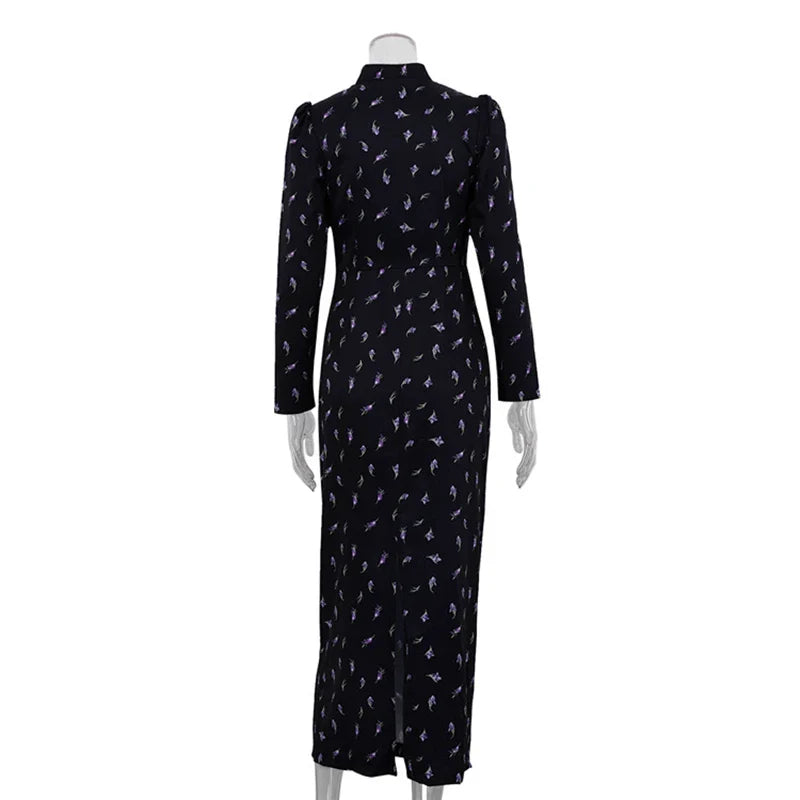 Printed Long Sleeve Lace Up Slit Maxi Dress