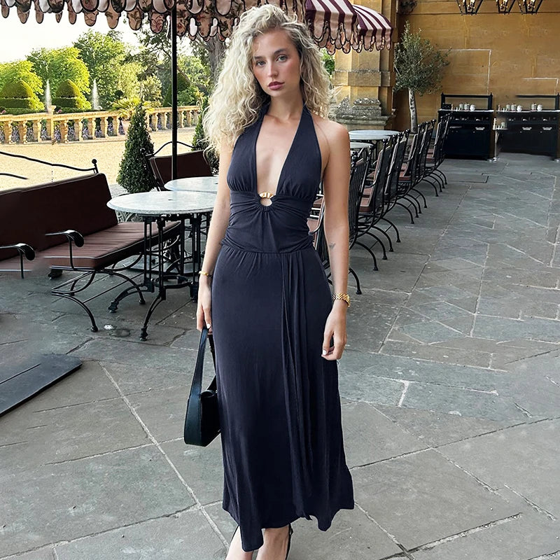 Deep V-Neck Hollow Out Lace Up Sleeveless Backless Maxi Dress