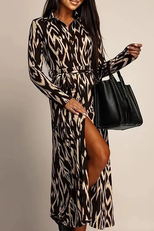 Printed High Waist Long Sleeve Pleat Midi Dress