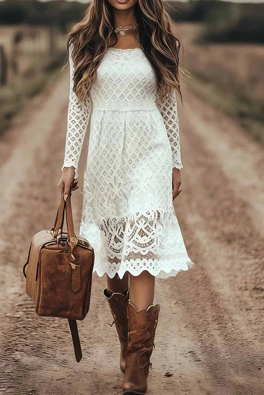 Lace Embroidery U-Collar Long Sleeve High Waist Midi Dress