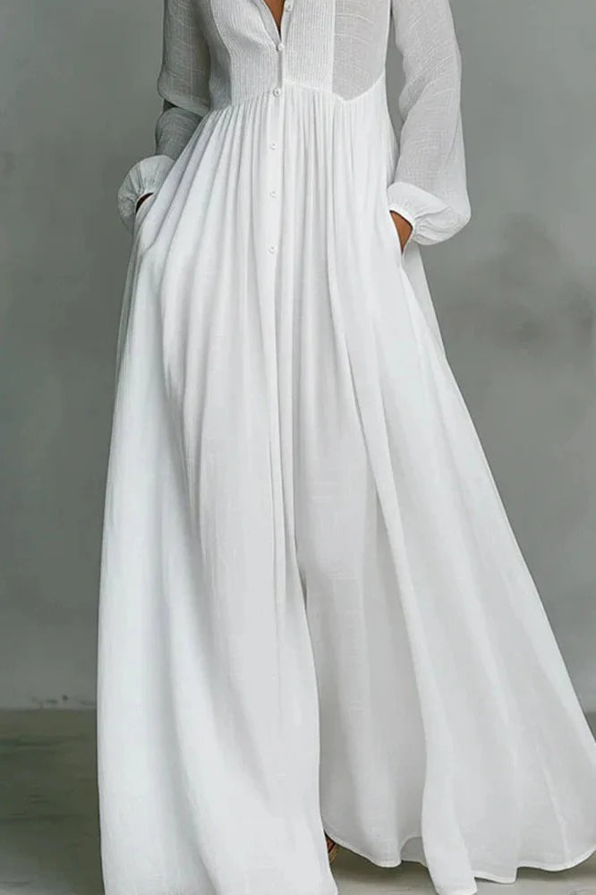 Elegant Long Sleeve Pleated High Waist Maxi Dress