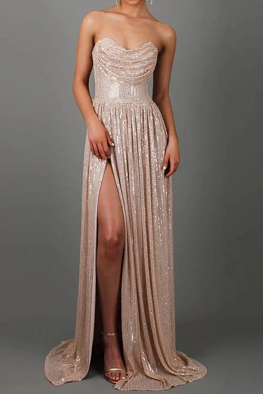 Pleated Off Shoulder High Waist Split Maxi Dress