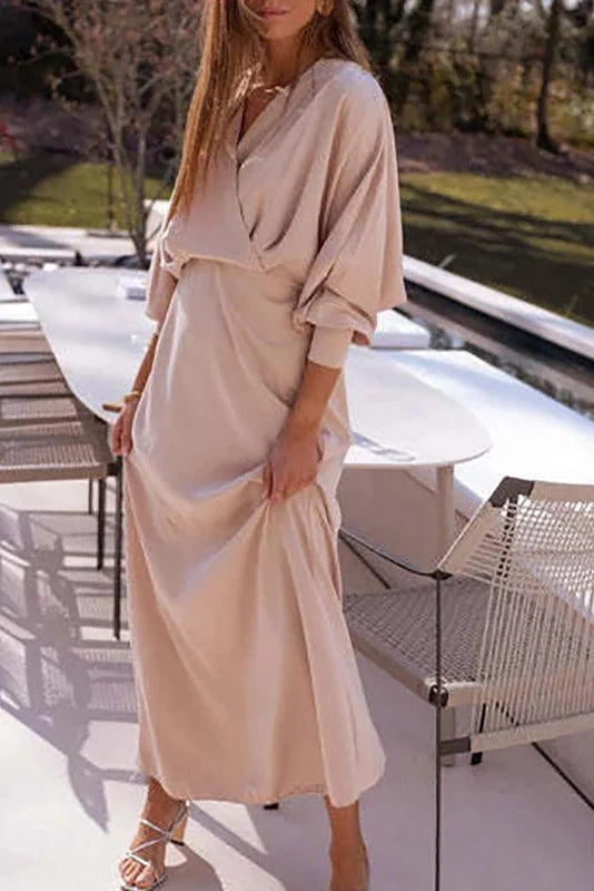 Elegant Long Sleeve High Waist Printed V-Neck Maxi Dress