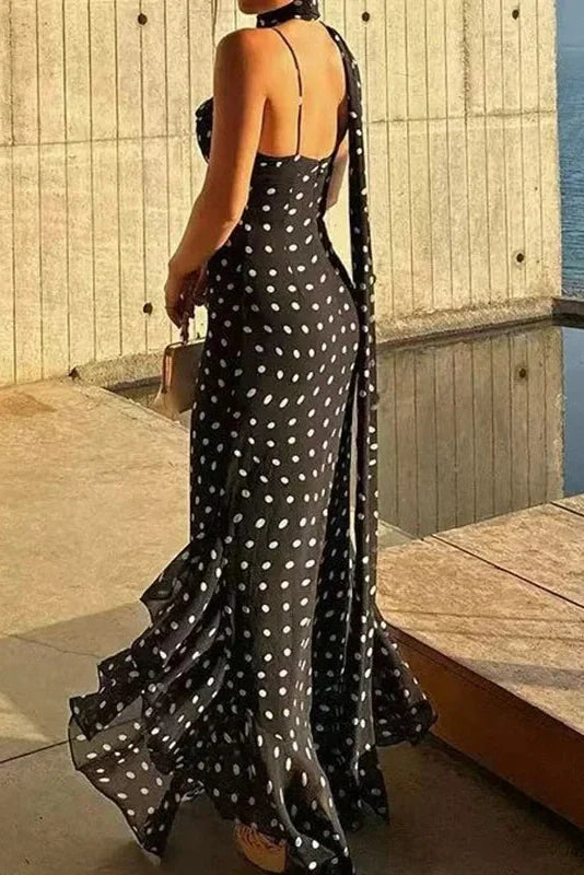 Elegant Polka Dot Scarf Fit Backless Sleeveless Maxi Dress