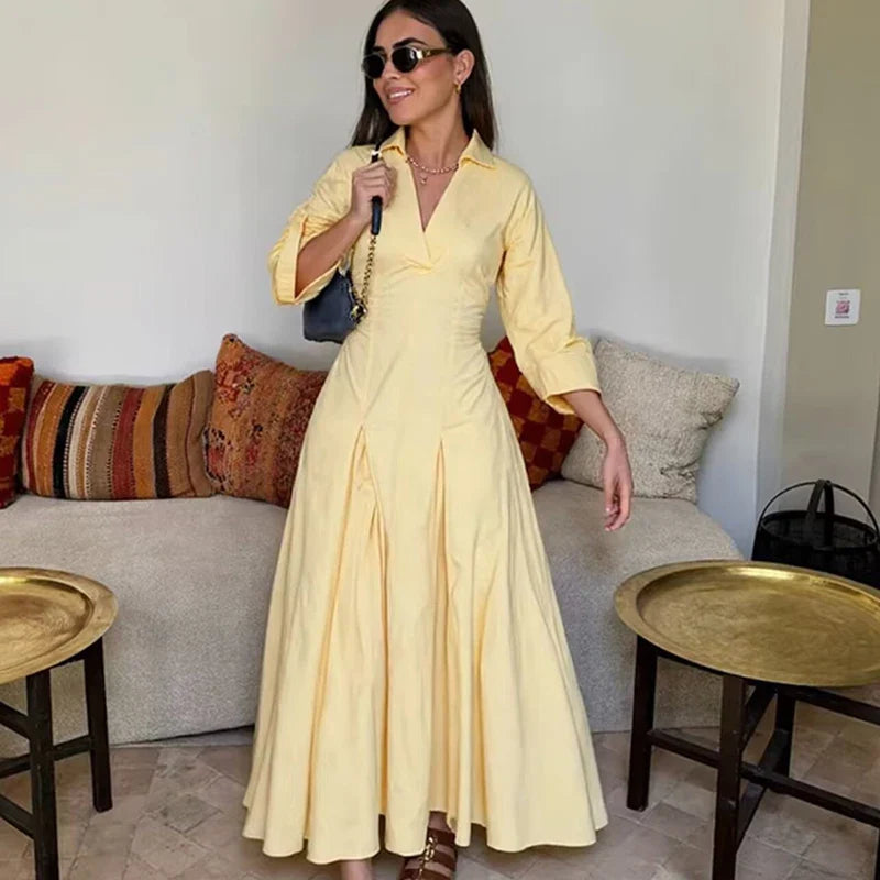 V-Neck Half Sleeve Pleated Slim Maxi Dress