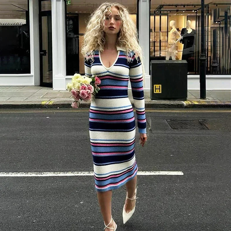 Striped Knit V-Neck Slim Long Sleeve Patchwork Midi Dress