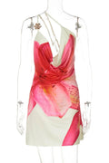 Hollow Out One Shoulder Backless Print Sleeveless Mini Dress