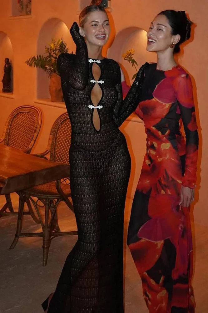 Hollow Out See Through Long Sleeve Maxi Dress