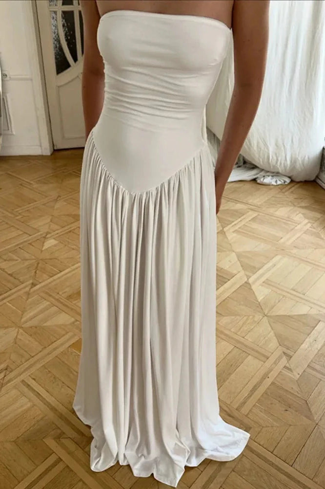 Off-Shoulder Strapless Sleeveless Backless Pleated Bodycon Maxi Dress
