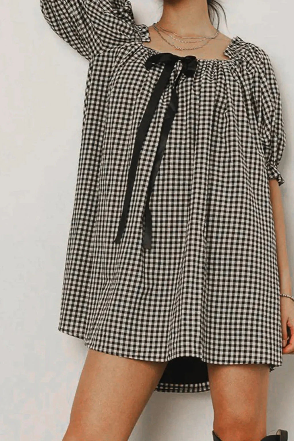 Plaid Loose Square Neck Puff Sleeve Mini Dress