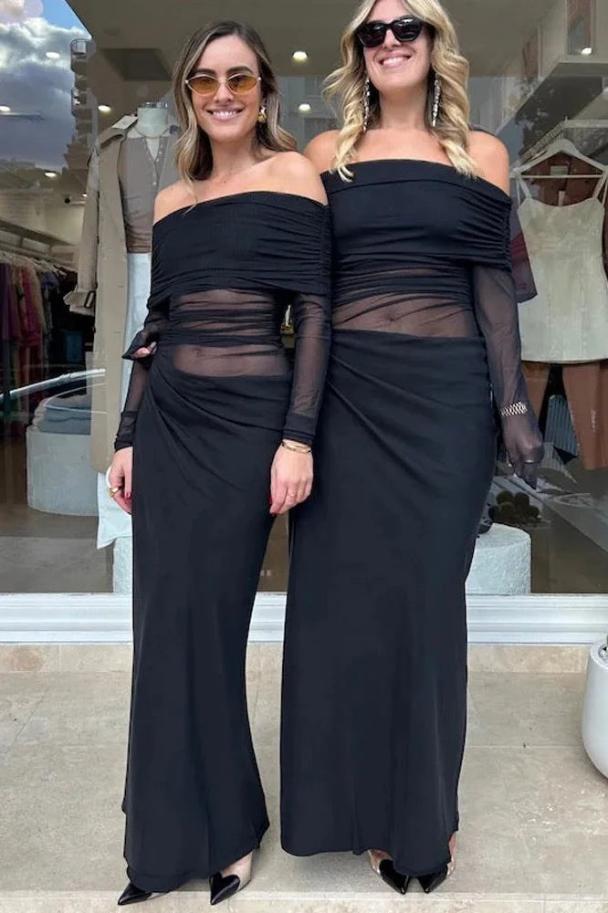 See-Through Patchwork Off-Shoulder Long Sleeve Maxi Dress