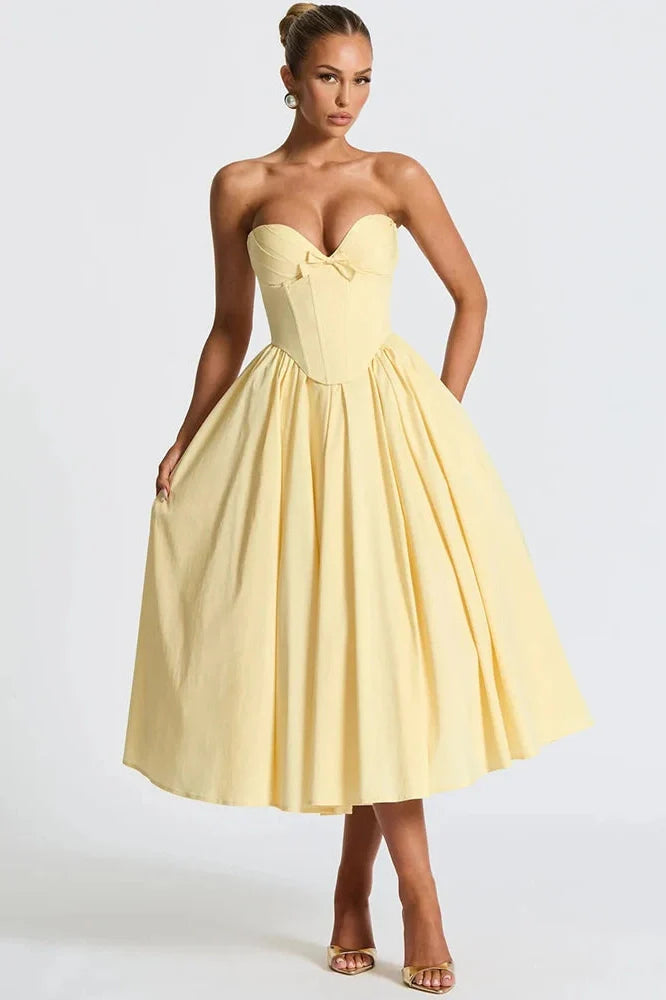 Off-Shoulder Strapless Sleeveless Backless High Waist A-line Midi Dress