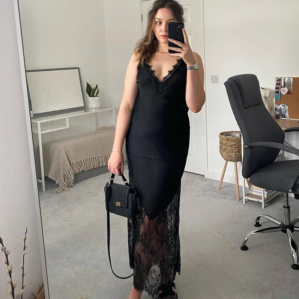 Lace Patchwork V Neck See Through Sleeveless Maxi Dress