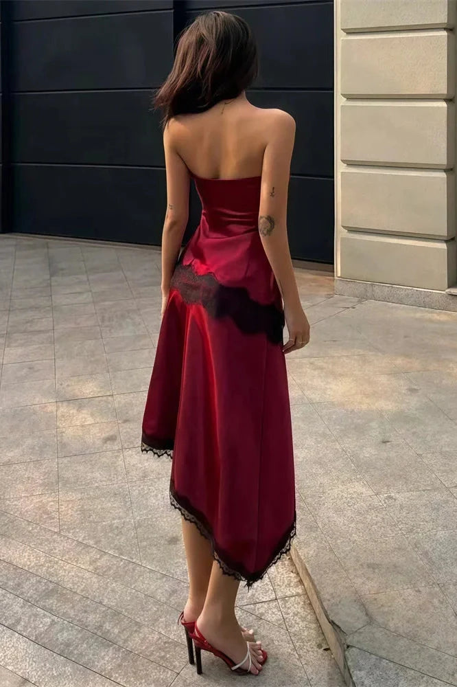 Lace Patchwork Slim High Waist Backless Midi Dress