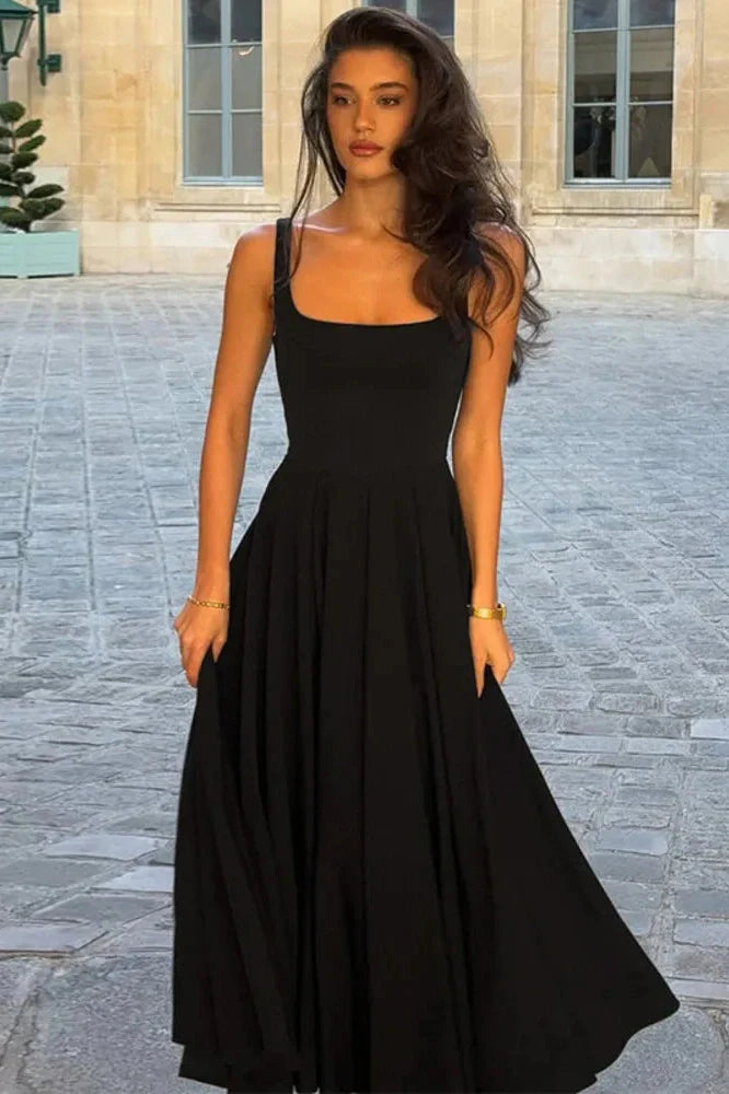 Spaghetti Strap Backless High Waist A-line Pleated Maxi Dress