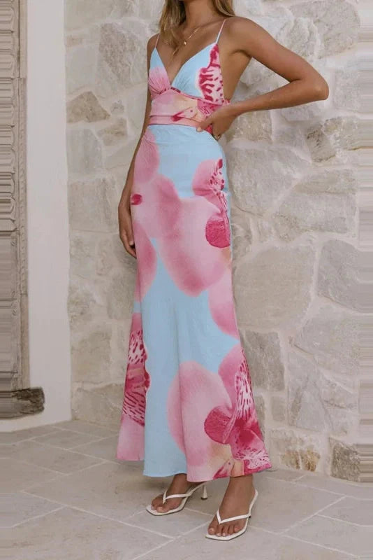 V-Neck Printed Sleeveless Fit Pleated Backless Maxi Dress
