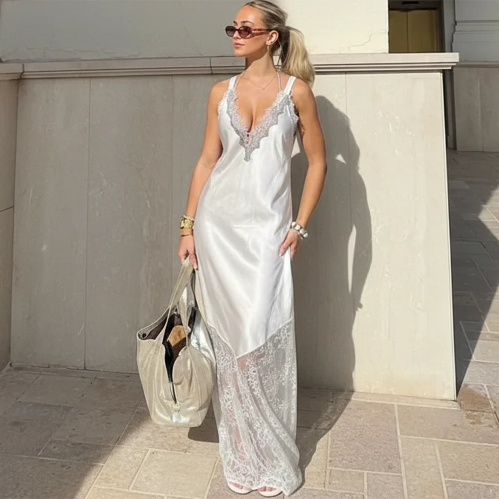 Lace Patchwork V Neck See Through Sleeveless Maxi Dress
