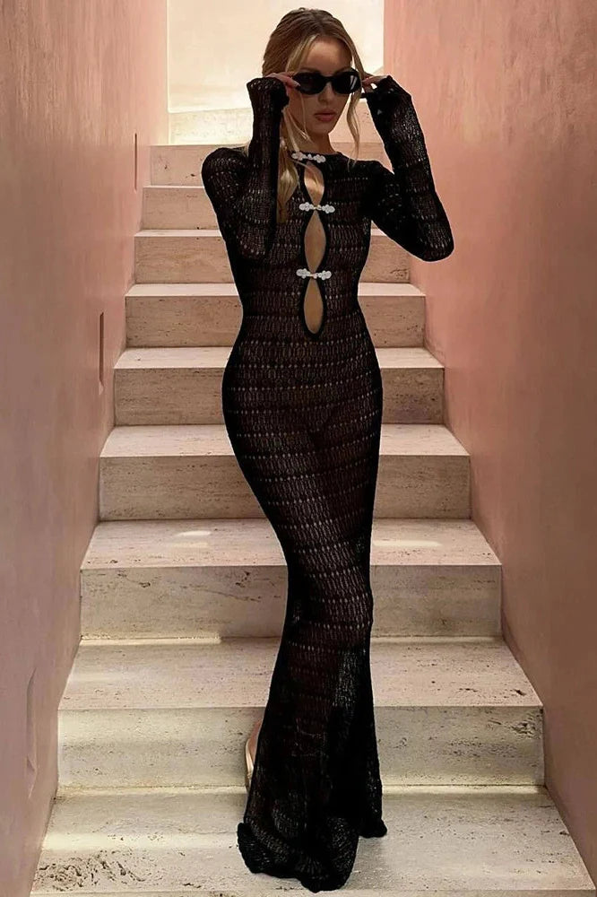 Hollow Out See Through Long Sleeve Maxi Dress