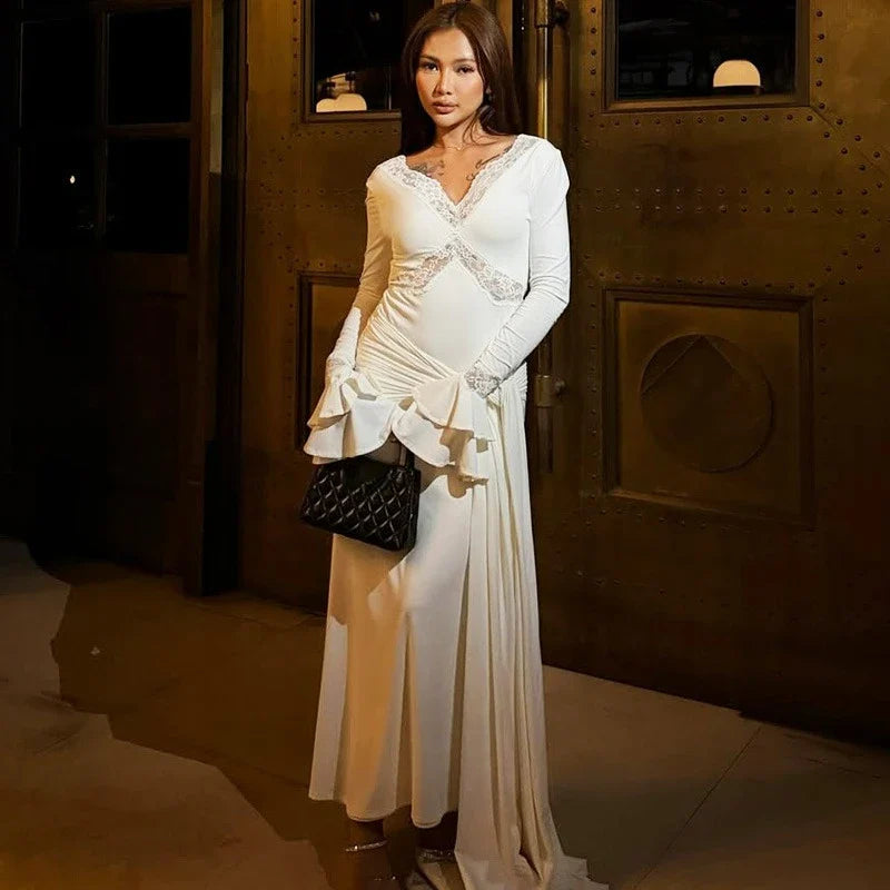 Elegant Hollow Out V-Neck Patchwork Maxi Dress