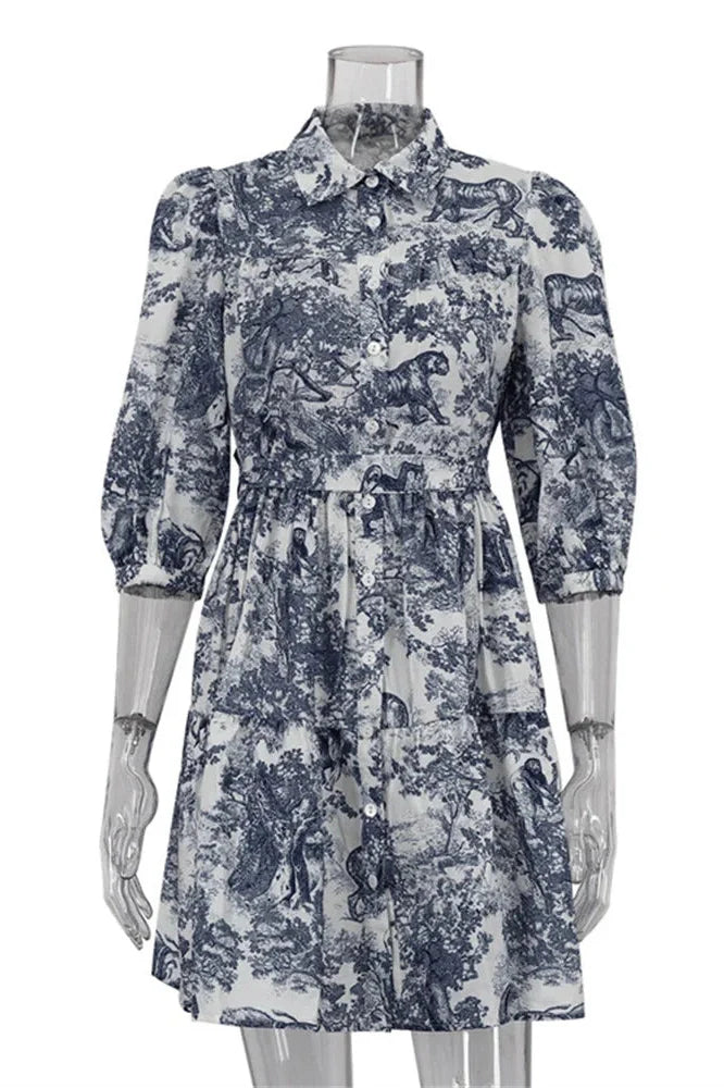 Printed Lace-Up High Waist Short Sleeve Mini Dress