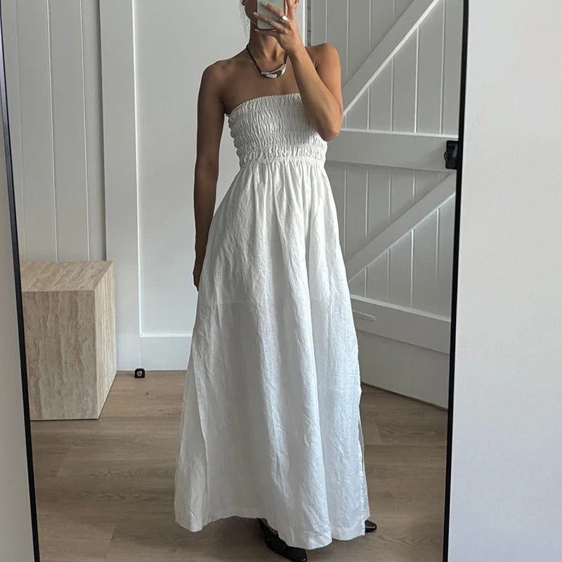 Strapless Off Shoulder High Waist Pleated Maxi Dress