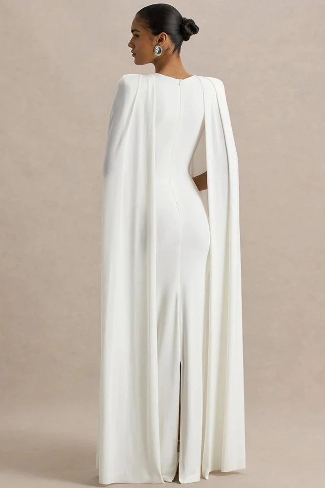 Cape Sleeve Zipper O Neck High Waist Split Maxi Dress