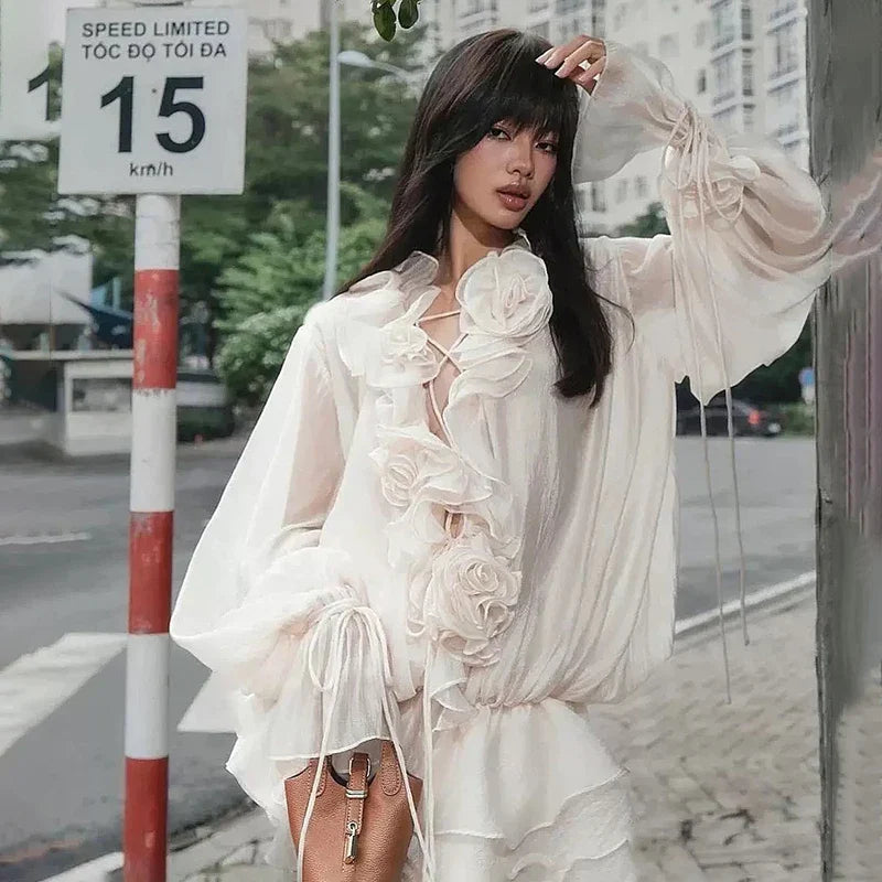See-Through Lace Up Long Sleeve Mini Dress