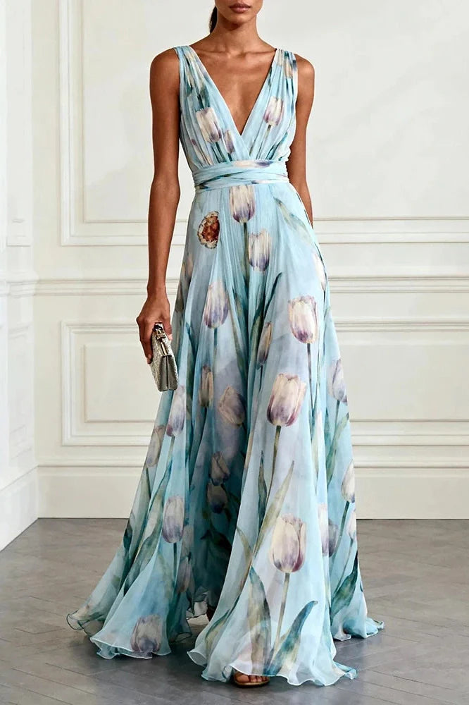 Sleeveless Pleated Printed High Waist V-Neck Maxi Dress