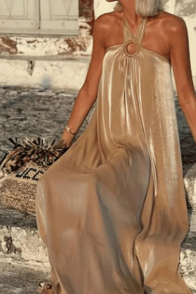 Elegant High Waist Sleeveless Loose Pleated Off-Shoulder Maxi Dress