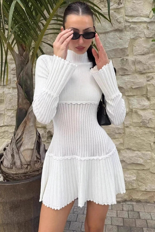 Elegant Slim Knitted Turtleneck Sleeves High Waist Mini Dress