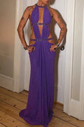 Hollow Out Backless Sleeveless Pleated Slim Maxi Dress