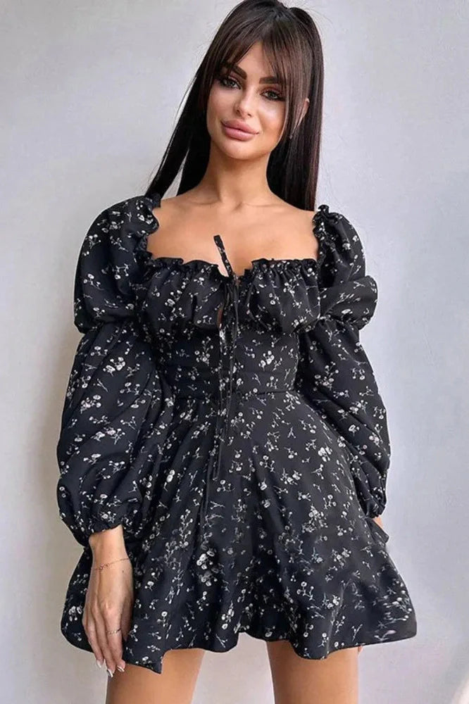 Long Puff Sleeve Square Collar Backless Mini Dress