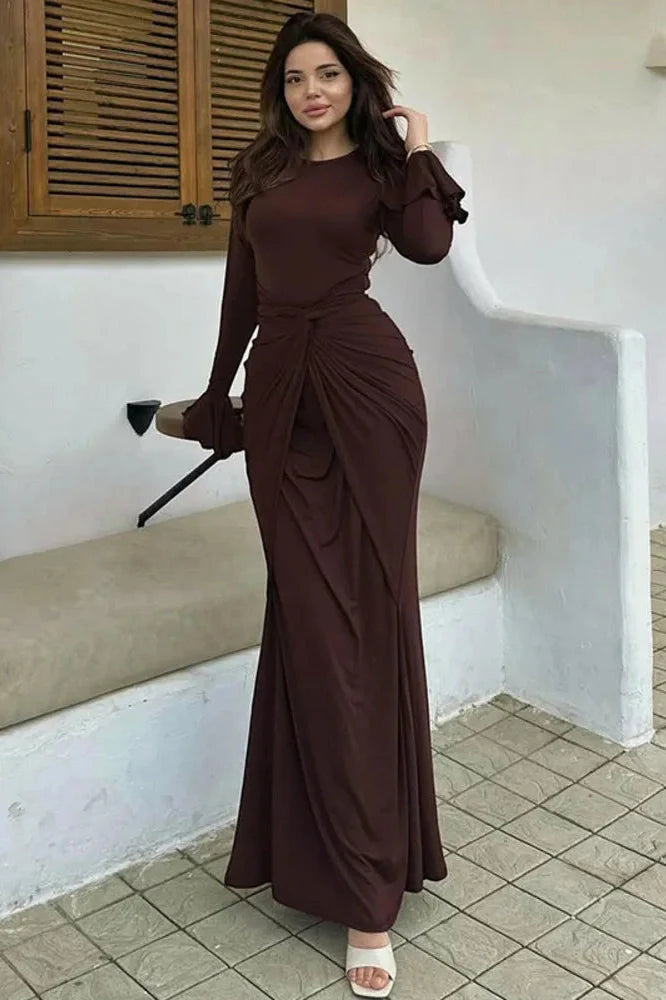Elegant Long Sleeve O Neck High Waist Maxi Dress