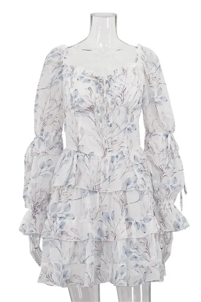 Printed Lace-Up Square Collar Patchwork Mini Dress