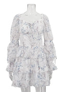 Printed Lace-Up Square Collar Patchwork Mini Dress