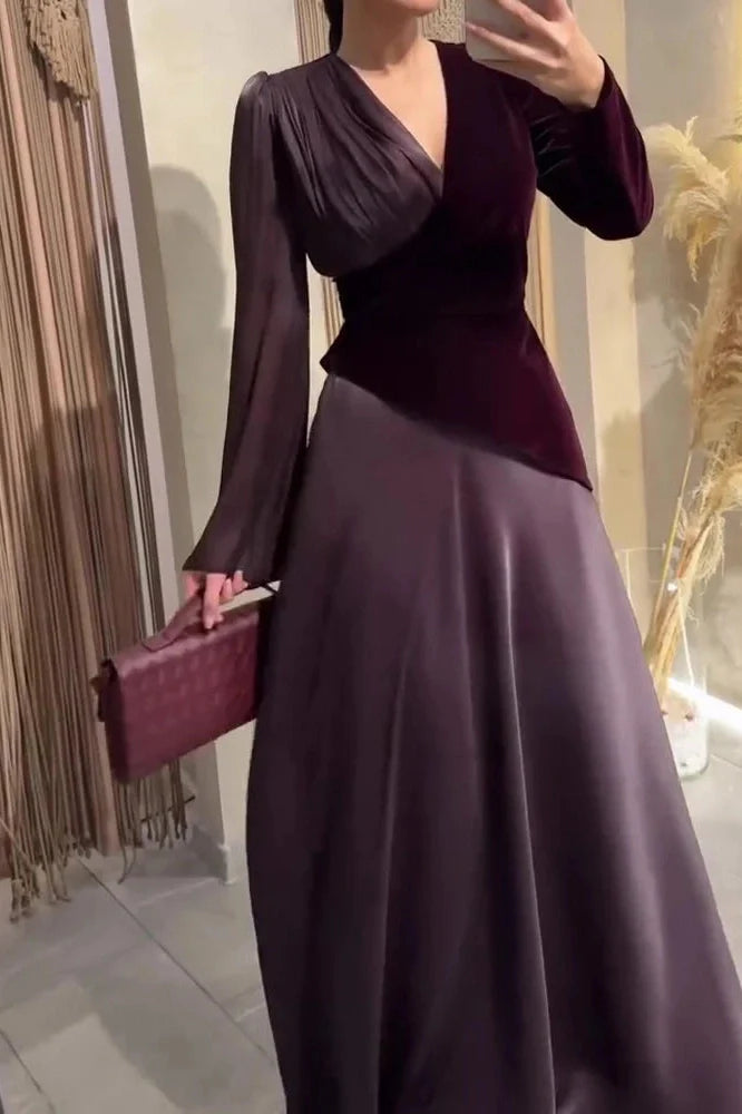 Long Sleeve V-Neck High Waist Pleated Maxi Dress
