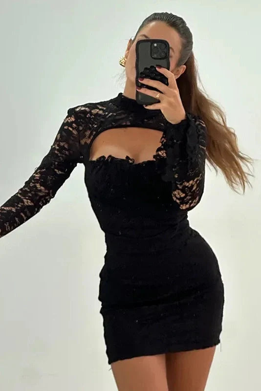 Elegant Lace Hollow Out Slim Flare Sleeve Mini Dress