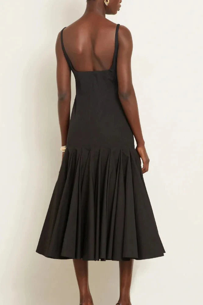 Spaghetti Strap Backless Sleeveless High Waist Pleated Midi Dress