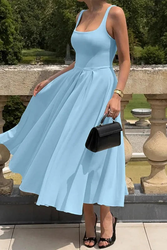Elegant Square Collar Sleeveless High Waist Pleated Maxi Dress