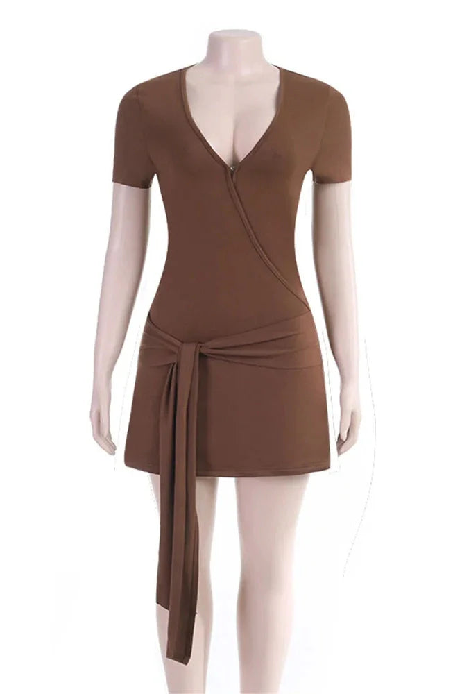 Lace-Up V-Neck Short Sleeve Loose Patchwork Mini Dress