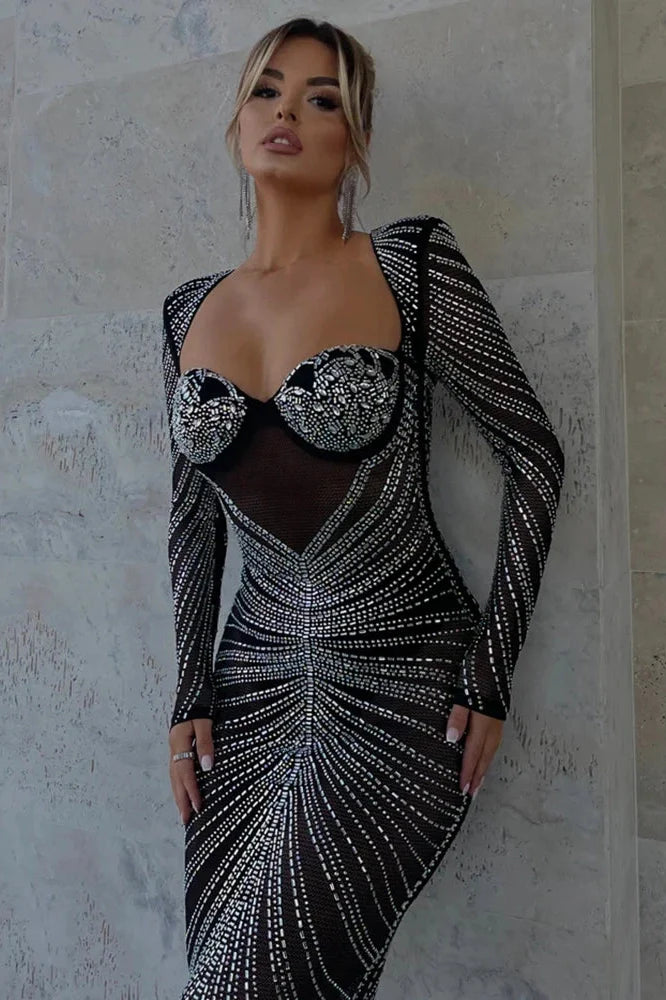 Glitter See Through Full Sleeve Bodycon Maxi Dress