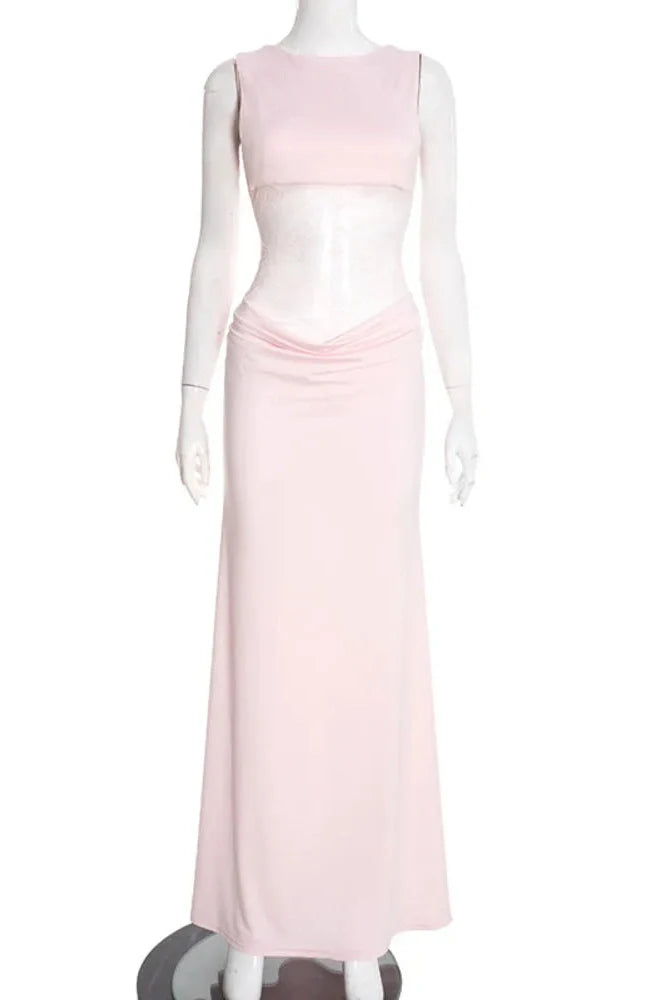 Backless Sleeveless Lace Patchwork High Waist Bodycon Maxi Dress
